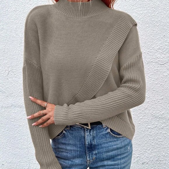 Khaki Casual Women's Stand Collar Pullover Sweater with Dropped Shoulder - Picture 6 of 6